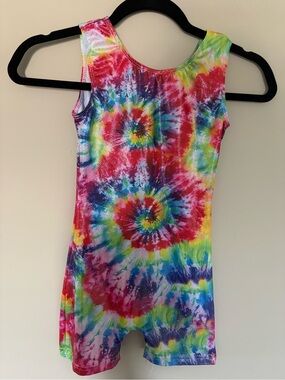Kids Tie-Dye One-Piece - Bright Rainbow Spiral Gymnastics Leotard size 9-10